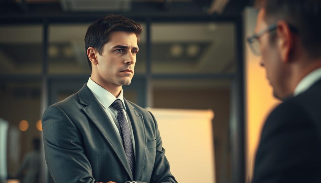 A mid-career office worker, neatly dressed in a suit and tie, stands before their stern-faced boss, apprehension etched on their face as they deliver the news of their resignation. The lighting is soft and warm, creating a sense of tension and unease, while the composition places the two figures in the foreground, with a blurred, corporate office setting in the background, conveying the gravity of the moment. The overall mood is one of professionalism and trepidation, reflecting the delicate nature of this career-altering conversation.