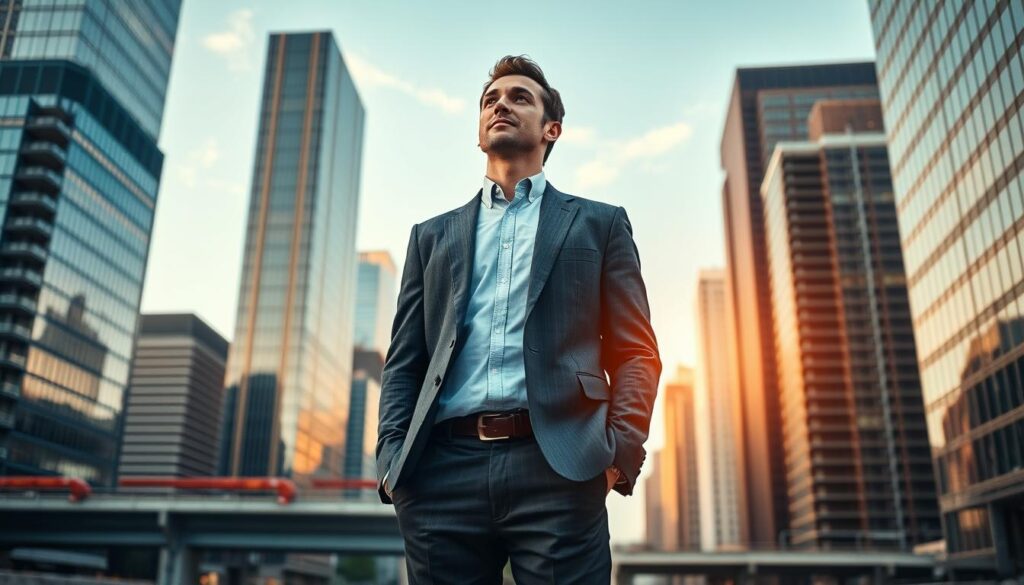 A mid-career professional standing confidently amidst a cityscape, thoughtfully contemplating their next steps. Warm, natural lighting illuminates their face as they gaze off into the distance, surrounded by skyscrapers and infrastructure - a symbolic representation of the new opportunities and challenges that lie ahead. The scene conveys a sense of determination, optimism, and careful planning as the individual embarks on their career transition. The composition emphasizes the subject's central role, with the urban environment serving as an empowering backdrop to their personal journey.