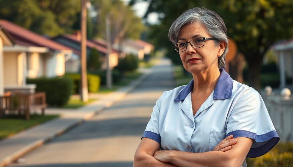 A middle-aged home care worker stands in a thoughtful pose, her uniform neatly pressed and her expression contemplative. The background depicts a quiet suburban neighborhood, with neat rows of houses and a sense of calm. Soft, natural lighting illuminates the scene, casting gentle shadows and highlighting the caregiver's dedication and professionalism. The overall mood is one of quiet reflection, hinting at the challenges and rewards of this vital role in the healthcare industry.