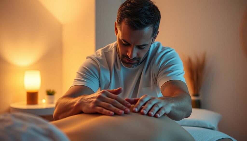 A middle-aged male masseuse performing a deep tissue massage on a client in a tranquil, dimly lit massage parlor. The masseuse's hands are firmly working into the client's shoulders, with an expression of focused concentration. Soft, warm lighting illuminates the scene, creating a calming, therapeutic atmosphere. The room is sparsely decorated, with neutral-toned walls and minimal furnishings, allowing the massage to be the central focus. The camera angle is slightly elevated, providing a close-up view of the masseuse's skilled, experienced hands at work.