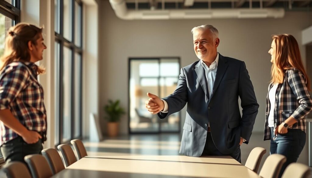 A middle-aged man in a crisp white shirt and navy blue suit, confidently shaking hands with a younger person in casual attire, symbolizing the success of a mid-career job transition. The scene is set in a modern, well-lit office environment with clean lines and neutral tones, conveying a sense of professionalism and opportunity. Soft natural lighting filters in through large windows, casting a warm glow and highlighting the handshake as the focal point. The overall mood is one of optimism, possibility, and the triumph of experience over ageism in the workplace.