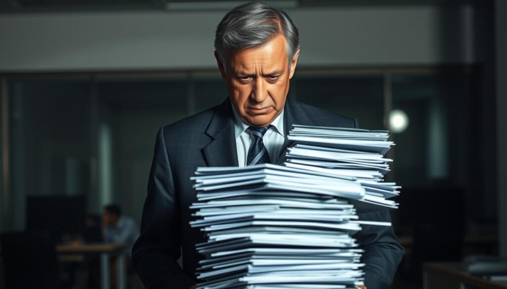 A middle-aged man in a suit stands dejected, shoulders hunched, facing a towering stack of application forms and resumes. The lighting is somber, casting long shadows that convey a sense of isolation and daunting challenges. In the background, a blurred office environment suggests the competitive and unyielding nature of the job market. The man's expression exudes a mixture of frustration, self-doubt, and a glimmer of determination, capturing the emotional and psychological barriers faced by older professionals seeking new career opportunities. The scene is captured through a medium-wide angle lens, emphasizing the man's solitary struggle and the obstacles that loom before him.