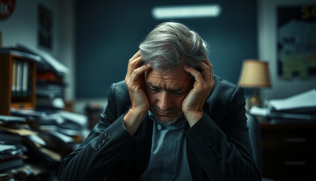 A middle-aged man sits dejected in a dimly lit office, his head in his hands. His expression conveys a sense of resignation and defeat. The room is cluttered with papers and files, reflecting the challenges he faces in his career transition. Soft, muted lighting casts shadows across his face, emphasizing his weary demeanor. The background is blurred, creating a sense of isolation and the feeling that he is alone in his struggle. The overall atmosphere is one of melancholy and the difficulties encountered by those in their 50s seeking new employment opportunities.