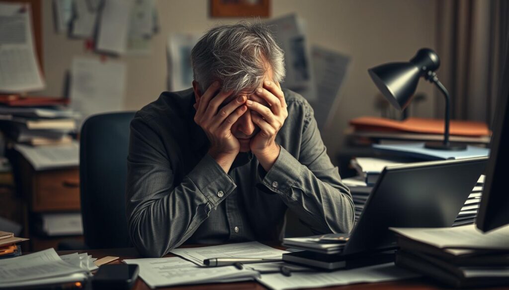 A middle-aged person sitting at a desk, head in hands, looking dejected and anxious. The workspace is cluttered, with unfinished tasks and papers strewn about, creating a sense of overwhelming pressure and self-doubt. The lighting is somber, with a warm, muted tone that adds to the melancholic atmosphere. The figure is isolated, highlighting the solitary nature of their struggle to regain confidence after a career change. The composition emphasizes the subject's introspective state, conveying the internal turmoil and loss of self-assurance that can occur during a professional transition.