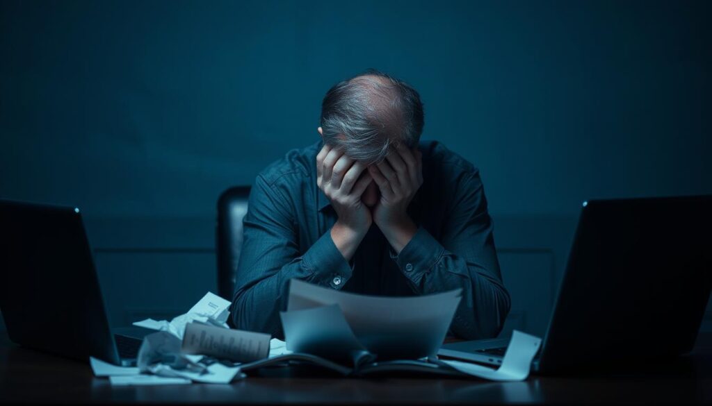 A middle-aged person sitting at a desk, head in their hands, surrounded by crumpled papers and a laptop, expressing deep frustration and regret over a failed job transition. The scene is dimly lit, with a melancholic blue-gray tone, creating a somber and pensive atmosphere. The subject's posture and facial expression convey a sense of defeat and uncertainty, highlighting the challenges of navigating a career change. The background is blurred, keeping the focus on the individual's emotional state and the consequences of the unsuccessful job switch.