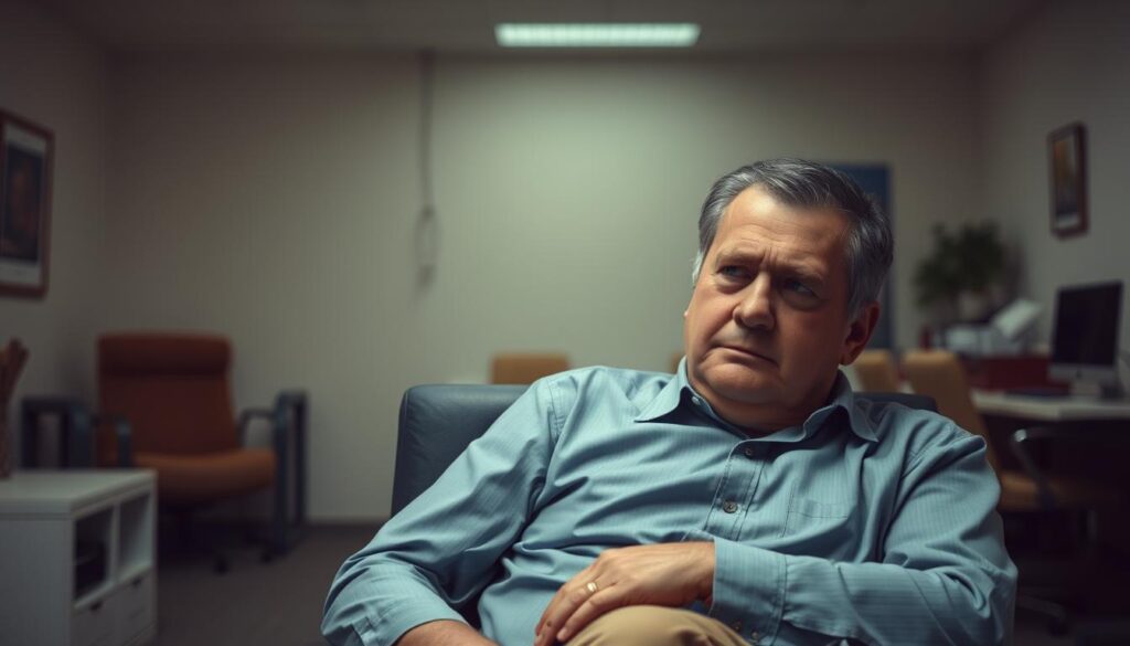 A middle-aged person, slouched in a chair, with a disinterested expression on their face. The background is a bland, uninspiring office setting, with generic furniture and decor. Dim lighting casts a sense of resignation and dissatisfaction. The figure appears disconnected, their body language conveying a lack of passion or enthusiasm for the work they are expected to perform. A subtle, melancholic tone pervades the scene, hinting at the individual's unsuitability for the demanding role of a car dealer.