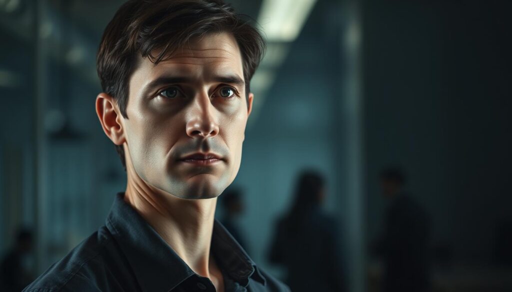 A middle-aged professional, 29 years old, stands contemplatively against a blurred office backdrop, their expression pensive and brow furrowed. The foreground is softly lit, drawing focus to the individual's thoughtful gaze as they consider the challenges and uncertainties of a career change. The middle ground features muted, out-of-focus silhouettes of colleagues, hinting at the social and professional disruption that can accompany a mid-career transition. In the background, a dimly lit, corporate environment with subtle shadows and muted tones, conveying the sense of a weighty decision and the potential loss of stability. The overall mood is one of introspection and trepidation, capturing the complex emotions and considerations surrounding the decision to change jobs at 29 years old.