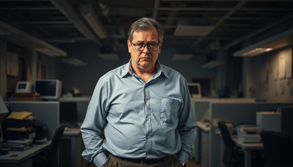 A middle-aged professional appears dejected, standing in a dimly lit office, shoulders slumped, hands in pockets. The cluttered, outdated workspace evokes a sense of stagnation and lack of opportunity. Muted colors and harsh lighting cast a gloomy, uninspiring atmosphere, reflecting the subject's disillusionment with their career prospects. In the background, a maze of cubicles and office equipment suggests the impersonal, restrictive nature of the corporate environment, further emphasizing the subject's feelings of being trapped and undervalued. The composition and lighting work together to convey the subject's sense of despair and hopelessness about their 30s career transition.
