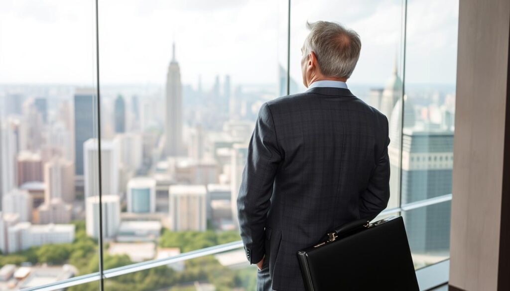 A middle-aged professional in a well-tailored suit stands confidently, briefcase in hand, gazing out a panoramic window overlooking a bustling cityscape. Soft, directional lighting accentuates their determined expression, while the background offers a sense of urban dynamism and opportunity. The composition conveys a mood of focused preparation, a person poised for a successful career transition. The scene evokes a sense of anticipation and optimism, capturing the essence of "転職を成功させるための準備".