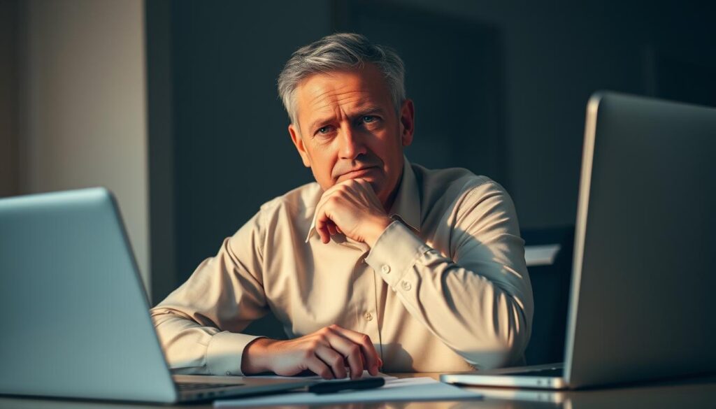 A middle-aged professional sitting at a desk, contemplating a decrease in salary after a job change. Soft, warm lighting illuminates their thoughtful expression, casting subtle shadows across their face. The desktop is neatly organized, with a laptop, pen, and documents, suggesting the diligent nature of their work. The background is blurred, emphasizing the introspective mood. The overall scene conveys a sense of concern and uncertainty, reflecting the challenge of navigating a reduction in income following a career transition.