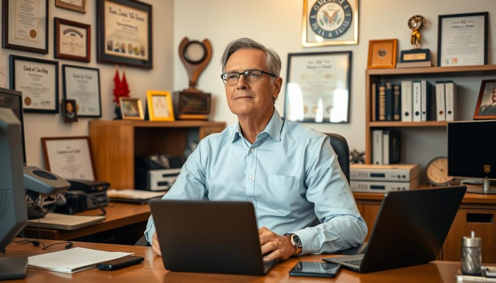 A middle-aged professional sitting confidently at their desk, surrounded by symbols of career success - diplomas, awards, and technological devices. Soft, warm lighting illuminates their determined expression as they gaze purposefully into the distance, radiating a sense of hard-earned accomplishment. The office environment is clean, organized, and exudes a feeling of competence and capability. The overall atmosphere conveys the traits of a 50-year-old who has navigated the challenges of a midlife career change and emerged triumphant.