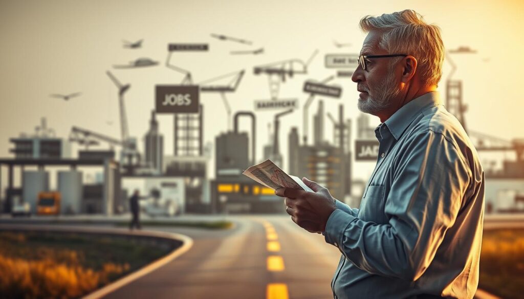 A middle-aged professional standing at a crossroads, pondering their next career move. Warm lighting bathes the scene, casting a contemplative atmosphere. In the foreground, the person holds a map or document, deep in thought. Behind them, an array of diverse job options - offices, factories, laboratories, and more - stretches out, representing the range of possibilities. The depth of field blurs the background, keeping the focus on the central figure's introspective moment. Subtle textures and muted colors evoke a sense of careful consideration and weighty decision-making.