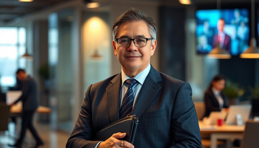A middle-aged professional standing confidently in a modern office setting, dressed in a well-tailored suit and holding a briefcase. The lighting is warm and directional, casting subtle shadows that accentuate the subject's features. The background is blurred, hinting at the bustling activity of a corporate workspace, but the focus remains squarely on the individual, conveying a sense of determination and success. The expression on the person's face is one of calm resolve, suggesting the journey from their previous role at Mitsubishi Heavy Industries to this new opportunity has been a considered and rewarding transition.