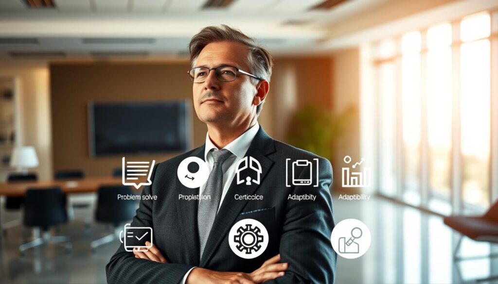 A middle-aged professional standing confidently, their gaze fixed on the horizon. They are dressed in a well-tailored suit, symbolizing their experience and expertise. Behind them, a modern office setting with sleek furniture and floor-to-ceiling windows, conveying a sense of success and ambition. The lighting is soft and warm, creating a sense of focus and determination. In the foreground, various icons representing key skills such as problem-solving, communication, and adaptability are prominently displayed, highlighting the individual's versatility and readiness for a new challenge. The overall composition and color palette evoke a sense of stability, growth, and the opportunity for a fresh start.