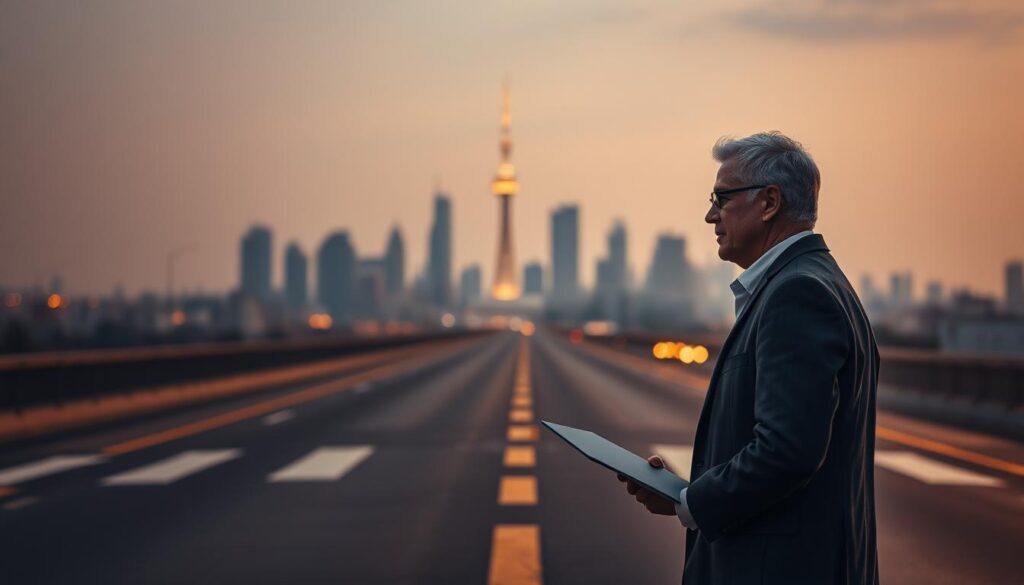 A middle-aged professional stands at a crossroads, contemplating a career transition. The scene depicts the challenges of mid-life job changes, with a faint cityscape in the background symbolizing the competitive job market. Soft, warm lighting casts an introspective mood, while the figure's pensive expression conveys the weight of this decision. The composition balances the individual's isolation against the bustling urban environment, hinting at the personal and professional obstacles faced by 40-something career changers. Subtle visual cues, such as crumpled documents or a laptop, suggest the practical considerations of retraining and networking that must be navigated. An air of uncertainty pervades the image, mirroring the real-life dilemmas encountered by those seeking a fresh start in their 40s.