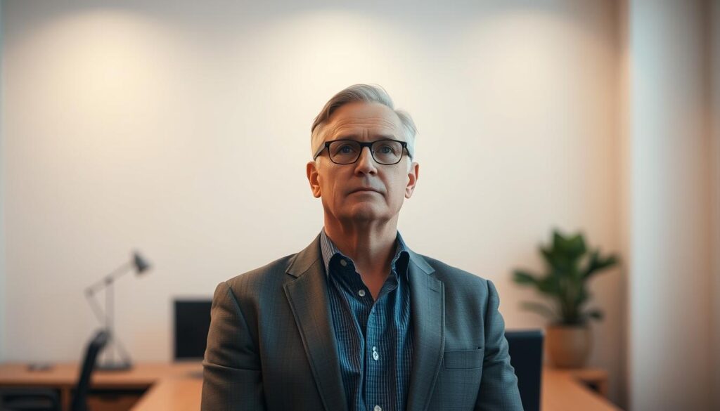 A middle-aged professional stands in a thoughtful pose, their expression conveying a sense of introspection and self-reflection. The background is a minimalist office setting, with clean lines and muted tones, emphasizing the contemplative mood. Soft, directional lighting casts a warm glow on the subject, creating a sense of depth and dimension. The composition is balanced, with the subject positioned centrally, allowing the viewer to focus on their pensive expression. The overall atmosphere evokes a sense of personal growth, as the individual navigates the complexities of a career shift.