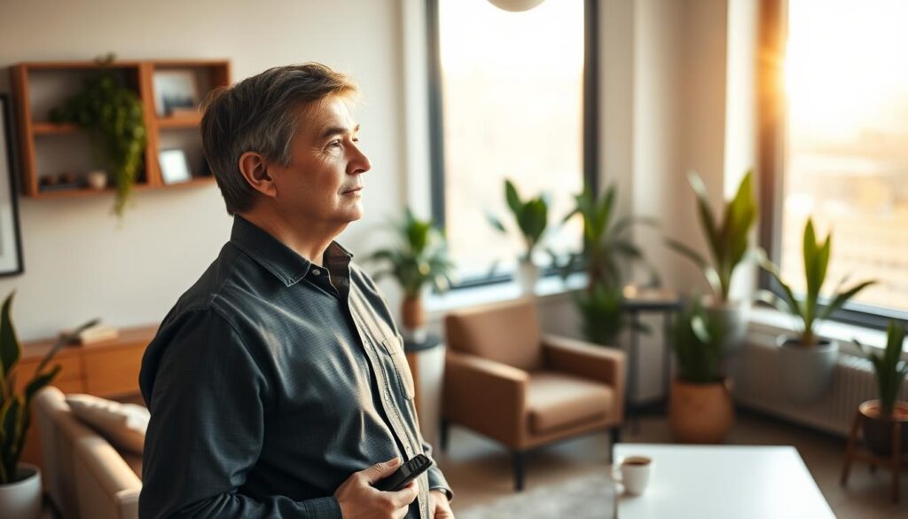 A middle-aged professional stands in a well-lit office, gazing thoughtfully out a large window. Their face conveys a mix of determination and cautious optimism as they contemplate their career transition. The scene is framed by modern furniture and potted plants, creating a warm, inviting atmosphere. Soft, natural lighting filters in, casting a golden glow across the room. The perspective is slightly elevated, providing a sense of the individual's introspective state of mind. Subtle details, such as a smartphone or a cup of coffee, hint at the challenges and considerations of a midlife career change.