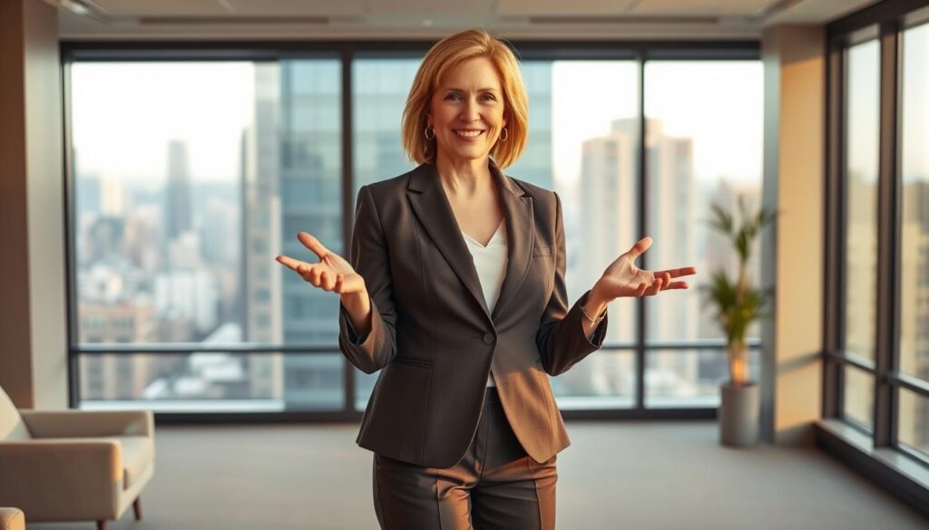 A middle-aged professional woman, dressed in a smart blazer and slacks, stands confidently in a modern office setting. The lighting is warm and flattering, illuminating her determined expression. She gestures expressively, conveying a sense of success and accomplishment. The background features sleek, contemporary decor - clean lines, muted colors, and a large window overlooking a bustling city skyline. This image captures the poise, ambition, and triumphant spirit of a 40-something female professional who has navigated a successful career transition.