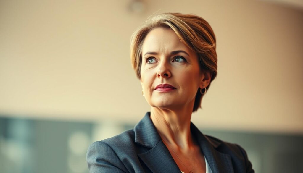 A middle-aged professional woman in a well-tailored business suit stands confidently, her posture exuding poise and determination. She gazes intently at the viewer, her expression a blend of focus and optimism, hinting at the strategic mindset she has adopted for her career transition. The lighting is warm and directional, emphasizing the planes of her face and creating a sense of depth. The background is softly blurred, keeping the attention on the woman's thoughtful countenance as she contemplates her next move in this pivotal phase of her life.