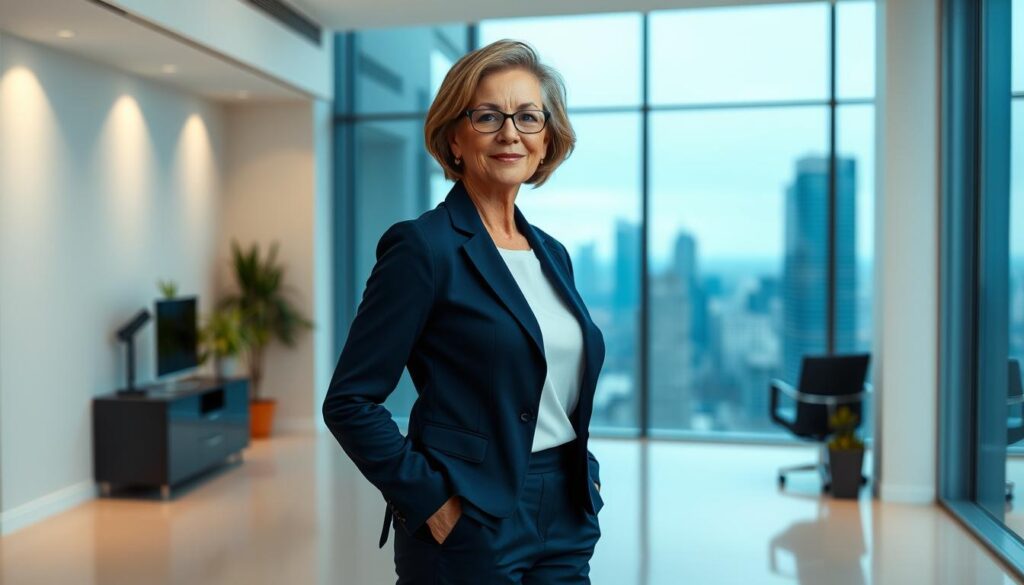 A middle-aged professional woman, in her 50s, stands confidently in a well-lit modern office. She is dressed in a crisp, navy blue blazer and tailored trousers, exuding a sense of authority and success. Her posture is upright, and her expression is one of determination and pride. The background features a sleek, minimalist workspace with clean lines, neutral tones, and a large window overlooking a bustling city skyline. The lighting is soft and directional, creating subtle shadows and highlights that accentuate the subject's features. The overall mood is one of accomplished transition, highlighting the woman's resilience and ability to reinvent herself in her later career.