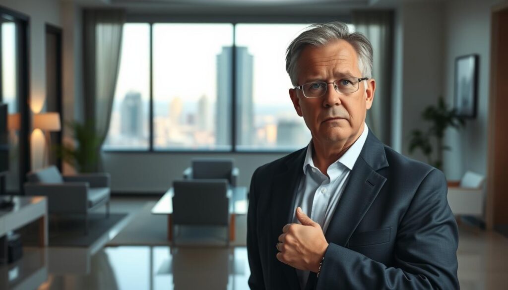 A middle-aged university staff member stands in a professional office setting, contemplating their career transition strategy. The foreground features the staff member in a thoughtful pose, dressed in a formal suit, their brow furrowed as they consider their options. The background showcases a modern, well-appointed office with sleek furniture, a large window overlooking a cityscape, and a minimalist decor that conveys an atmosphere of quiet contemplation. The lighting is soft and natural, with a warm glow emanating from the window, creating a sense of introspection and focus. The overall mood is one of determination and resolve, as the staff member prepares to embark on a new professional journey.