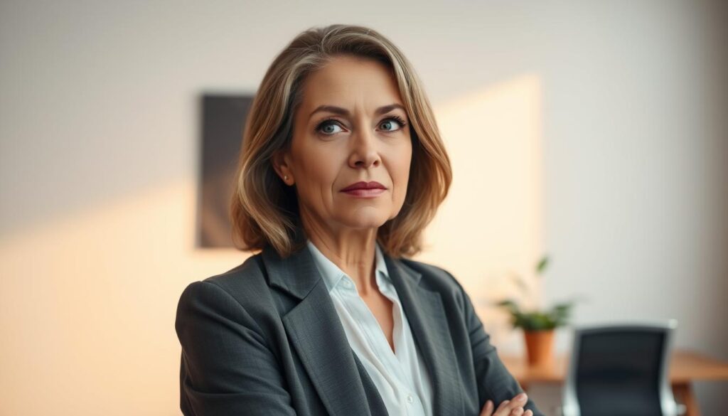 A middle-aged woman in a professional outfit stands confidently, her eyes focused and determined. The soft lighting casts a warm glow, highlighting her expression of resolve as she contemplates her next career move. The background is a clean, minimalist workspace, with a desk, chair, and a potted plant, creating a sense of focus and productivity. The woman's posture conveys a sense of preparation and readiness, reflecting the challenges and opportunities of a mid-career transition.