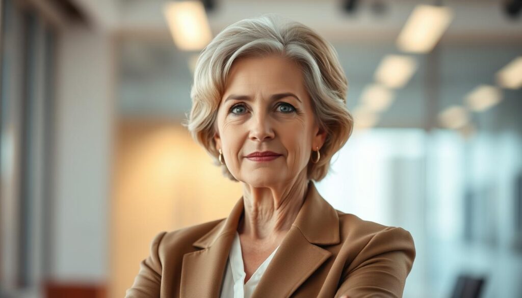 A middle-aged woman in a professional outfit stands confidently, her gaze direct and her posture poised. Warm, natural lighting illuminates her face, highlighting her wisdom and experience. The background is a blurred, modern office setting, conveying a sense of purpose and opportunity. The woman's expression radiates a quiet strength, suggesting the valuable skills and perspectives she can bring to a new position. Her pose and demeanor reflect the resilience, adaptability, and valuable life experiences that make her an asset in the workforce.