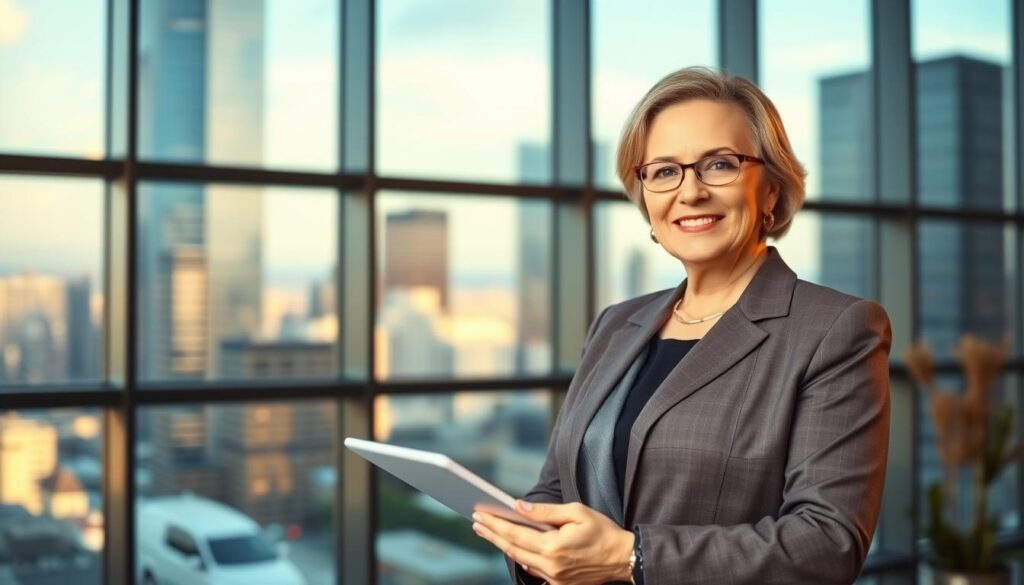 A middle-aged woman in a professional suit stands confidently in a well-lit, modern office setting. She holds a tablet in her hand, indicating her engagement with the job search process. The background features a large window overlooking a bustling cityscape, symbolizing the vast opportunities available for her career transition. Warm, directional lighting creates a sense of focus and determination, while the overall composition conveys a sense of optimism and forward momentum in her 50s job search journey.
