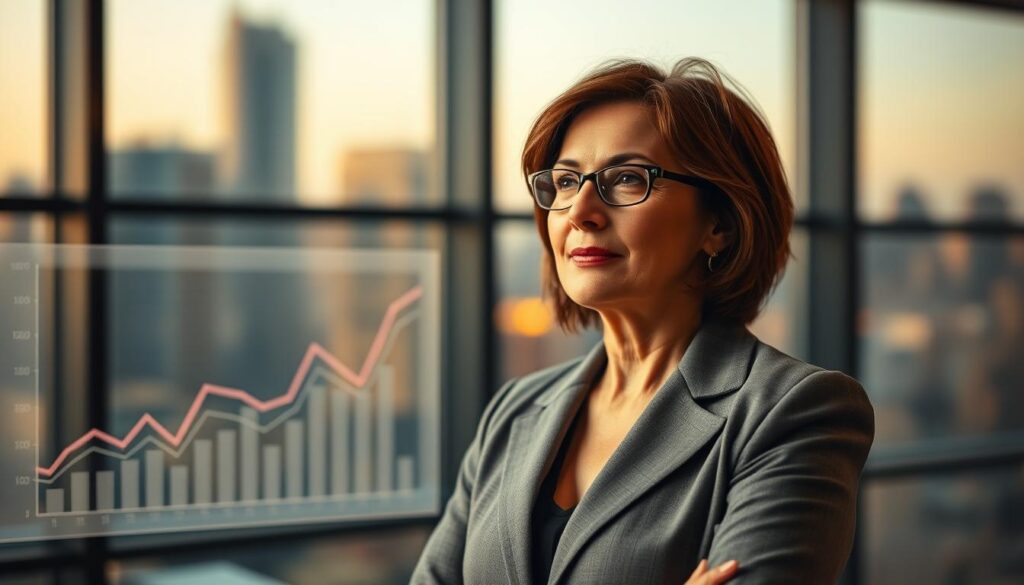 A middle-aged woman in a smart casual outfit stands in a corporate office setting, surrounded by graphs and charts depicting wage trends. The lighting is warm and inviting, with a soft focus on the woman's thoughtful expression as she examines the data. The background features a blurred city skyline, conveying the transition and growth opportunities available to experienced female professionals seeking new career paths. The scene evokes a sense of determination and empowerment, highlighting the dynamic and evolving landscape of women's wages in the job market.