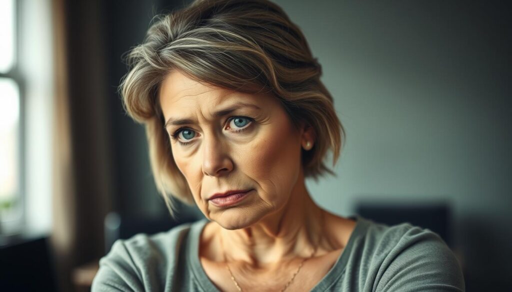 A middle-aged woman in a thoughtful, serious pose, her brow furrowed as she contemplates the challenges of mid-career transition. Soft, diffused lighting illuminates her face, creating a pensive, introspective atmosphere. The background is a blurred, neutral office setting, allowing the viewer to focus on her expression and body language. The overall mood conveys the weight and complexity of the decision to change careers in one's 50s as a female professional.