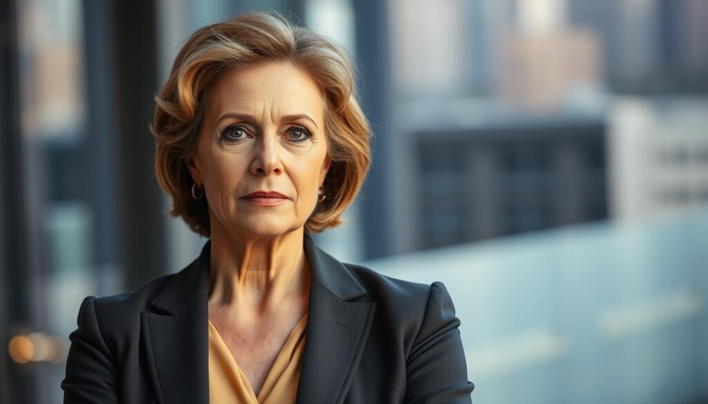 A middle-aged woman in her 50s stands confidently, her gaze resolute. She is dressed in a smart, professional blazer, her posture exuding a sense of determination. The lighting is soft and natural, casting a warm glow on her face, hinting at the experience and wisdom she has gained over the years. In the background, a blurred cityscape suggests the bustling urban environment she navigates, a testament to her desire for a new professional challenge. The overall mood is one of transition and empowerment, capturing the essence of a 50-year-old woman's decision to embark on a new career path.