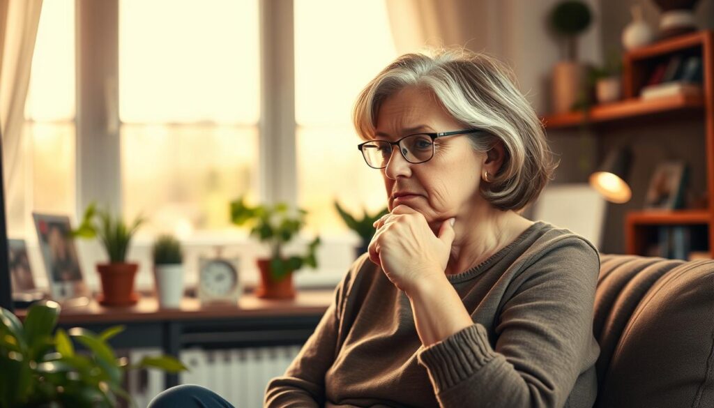 A middle-aged woman sits in a cozy home office, deep in thought, her brow furrowed as she navigates the challenges of a mid-career job search. The warm, soft lighting casts a comforting glow, creating an atmosphere of introspection and self-care. In the background, plants and personal mementos suggest a nurturing, soothing environment, while a serene window scene provides a tranquil backdrop. The woman's posture is relaxed yet contemplative, reflecting the importance of mental well-being during this transitional period. The scene conveys a sense of resilience, empowerment, and the quiet determination needed to successfully navigate the emotional journey of a career change in one's 50s.