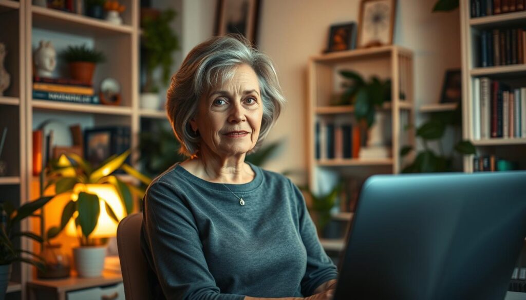A middle-aged woman sitting in a cozy home office, her face lit by the warm glow of a desktop lamp. She is surrounded by plants, shelves of books, and mementos that reflect her personal interests and life experiences. The room has a soothing, introspective atmosphere, conveying a sense of emotional support and personal growth. Soft, diffused lighting creates a sense of comfort and contemplation. The woman's expression is one of calm focus, suggesting she is engaged in self-reflection or seeking guidance. Overall, the image evokes a feeling of psychological well-being and the importance of creating a nurturing environment for personal development.