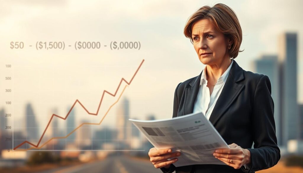 A middle-aged woman standing at a crossroads, contemplating her career transition. The foreground shows her in professional attire, brow furrowed as she holds a resume in her hands. The mid-ground depicts a fluctuating graph of income levels, illustrating the uncertainty of a job change at her stage of life. The background is a blurred cityscape, hinting at the broader economic landscape she must navigate. Soft, warm lighting casts a pensive mood, while a shallow depth of field focuses the viewer's attention on the woman's introspective expression. The composition conveys the complex emotions and financial considerations faced by a 50-year-old woman embarking on a new professional path.