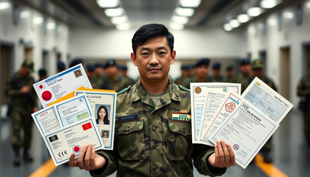 A military-style setting featuring a Japanese Self-Defense Force (JSDF) member showcasing various professional licenses and certifications they have acquired, demonstrating how their specialized skills can be leveraged within the JSDF. The image should have a clean, organized composition with the JSDF member in the foreground, surrounded by an array of relevant credentials and qualifications such as driver's licenses, engineering certifications, medical training documents, and other relevant documents. The background should depict a modern JSDF facility or training ground, with clean lines, subtle lighting, and a sense of purpose and professionalism. The overall tone should convey the idea of transitioning one's existing skills and expertise to serve in the JSDF.