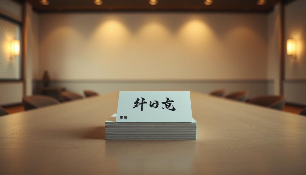 A minimalist, clean-lined interior setting with a large, centered table in the foreground. On the table, a stack of neatly organized notecards titled "よく聞かれる質問" in Japanese calligraphy. The background is softly blurred, with subtle warm lighting illuminating the scene from the sides. The overall mood is professional, focused, and conducive to thoughtful reflection. The camera angle is slightly elevated, creating a sense of importance and gravitas around the subject matter.