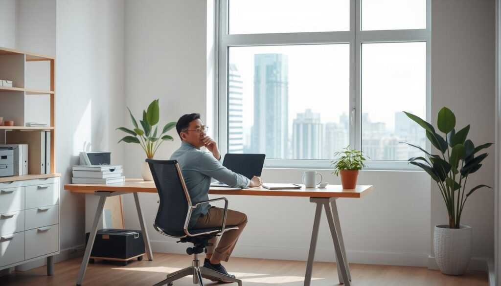 A minimalist office workspace in natural light, with a desk, chair, and potted plant. The worker, a focused 40-year-old, sits contemplating their next career move, a look of determination on their face. Soft, muted colors create a calm, thoughtful atmosphere. The space conveys a sense of preparedness and adaptability, with simple organizational tools nearby. A large window in the background frames an urban cityscape, hinting at the new opportunities that await. The scene captures the essence of "新しい環境適応の準備" - the thoughtful, purposeful steps one takes to transition into a new professional chapter.