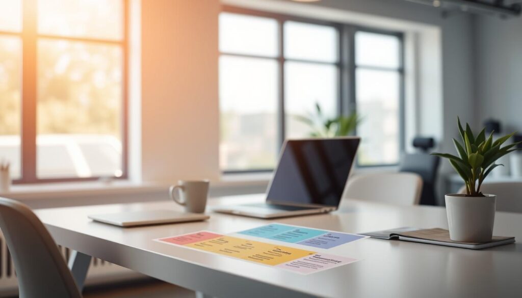 A minimalist office workspace with a laptop, a mug, and a potted plant on a clean, white desk. Warm, natural lighting filters through large windows, casting a soft glow on the scene. In the foreground, a colorful career transition roadmap highlights key milestones and strategies for a successful job change. The background is blurred, emphasizing the focus on the desk and its contents. The overall atmosphere is calming and inspirational, conveying a sense of organization and intentionality in the process of transitioning to a new career.