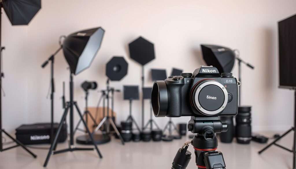 A minimalist workspace with an array of photography equipment and tools. In the foreground, a high-end DSLR camera with a prime lens rests on a sturdy tripod, its sleek, metallic body gleaming under the soft, diffused lighting. In the middle ground, a collection of reflectors, diffusers, and specialty lenses are neatly arranged, hinting at the technical mastery required for a photo director. The background features a clean, white wall, creating a sense of focus and professionalism. The overall mood is one of calm, precision, and a dedication to the craft of photography.