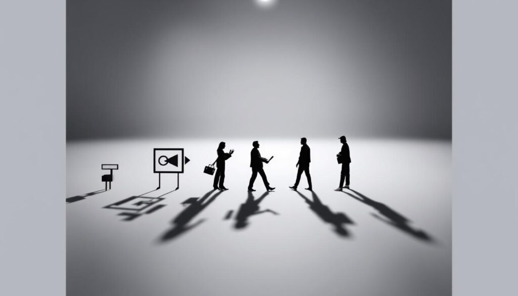 A minimalist, yet visually striking composition depicting the "5 Keys to Successful Job Transition". In the foreground, a stylized icon or graphic symbolizes each of the 5 key elements - preparation, networking, personal branding, interview skills, and negotiation. These icons are elegantly arranged in a symmetrical grid, casting long, dramatic shadows that add depth and dimensionality. The middle ground features a softly blurred, monochromatic background, allowing the core elements to take center stage. The lighting is dramatic, with a single, directional key light casting dramatic shadows and highlights, conveying a sense of purpose and determination. The overall mood is one of focus, clarity and professionalism - reflecting the advice and insights contained in the article.