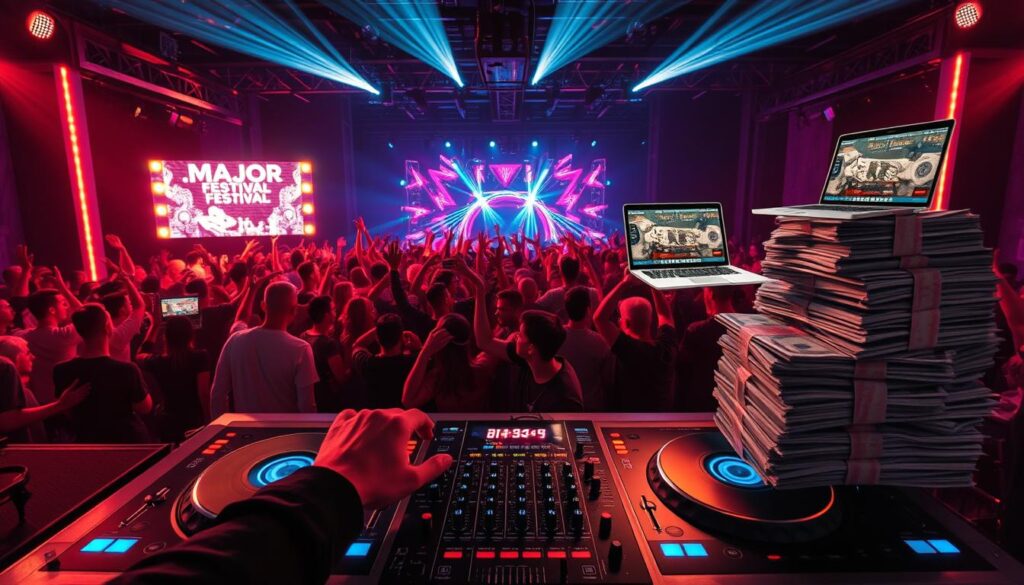 A modern DJ booth set against a backdrop of pulsing lights and a vibrant nightclub atmosphere. In the foreground, a DJ manipulates the mixer, turntables, and various controllers, their hands a blur of activity. The middle ground features the audience, a sea of upraised hands and euphoric expressions, basking in the energy of the performance. The background showcases the lucrative revenue streams of a successful DJ career - including a glowing billboard advertising a major festival gig, a laptop displaying online music sales, and a stack of cash symbolizing high-profile residencies and endorsement deals. Soft, dramatic lighting creates a sense of dynamism and professionalism, capturing the multifaceted income sources of a thriving DJ.