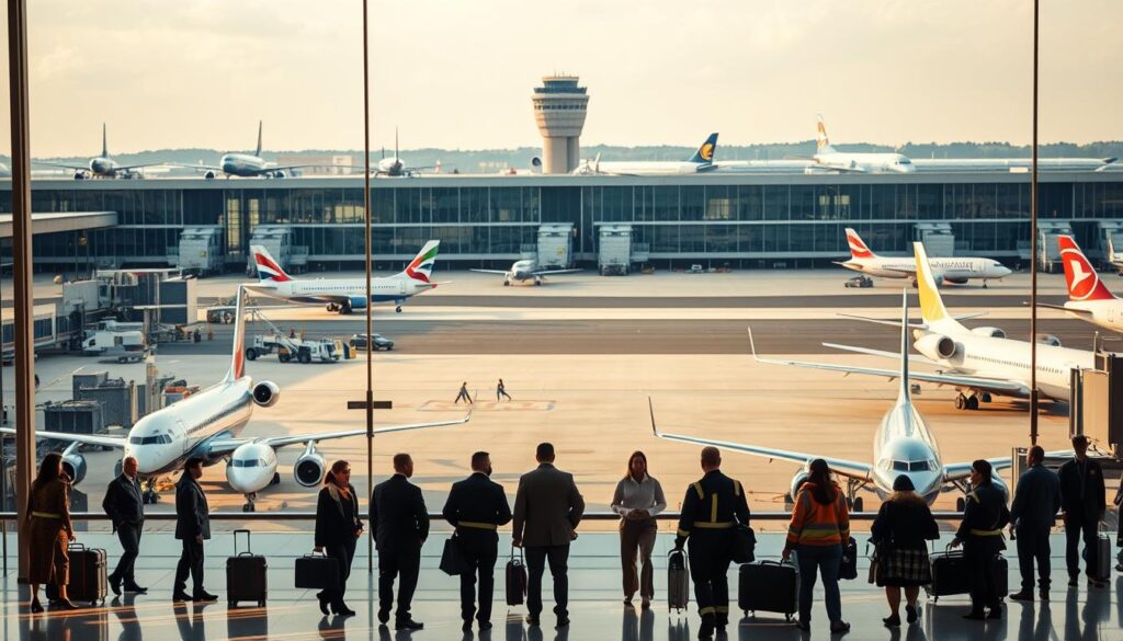 A modern airport terminal with a bustling atmosphere. In the foreground, a group of aviation personnel in uniform, including ground crew, baggage handlers, and aircraft marshallers guiding planes to their gates. The middle ground showcases various commercial and private aircraft on the tarmac, their sleek silhouettes and vibrant liveries reflecting the natural light. In the background, the control tower and runway stretch out, conveying the scale and complexity of the airport operations. The scene is illuminated by a warm, golden glow, creating a sense of energy and professionalism befitting the career opportunities in this dynamic industry.