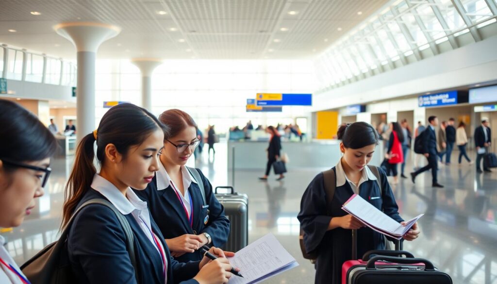 A modern airport terminal with bright, natural lighting. In the foreground, a group of airport staff participating in a recruitment exam, focused expressions on their faces as they complete various assessments. The middle ground features an information desk with a friendly, approachable staff member assisting a traveler. In the background, a bustling scene of passengers navigating the terminal, their luggage in tow. The overall atmosphere conveys a sense of professionalism, efficiency, and the importance of well-trained ground staff in ensuring a smooth travel experience.
