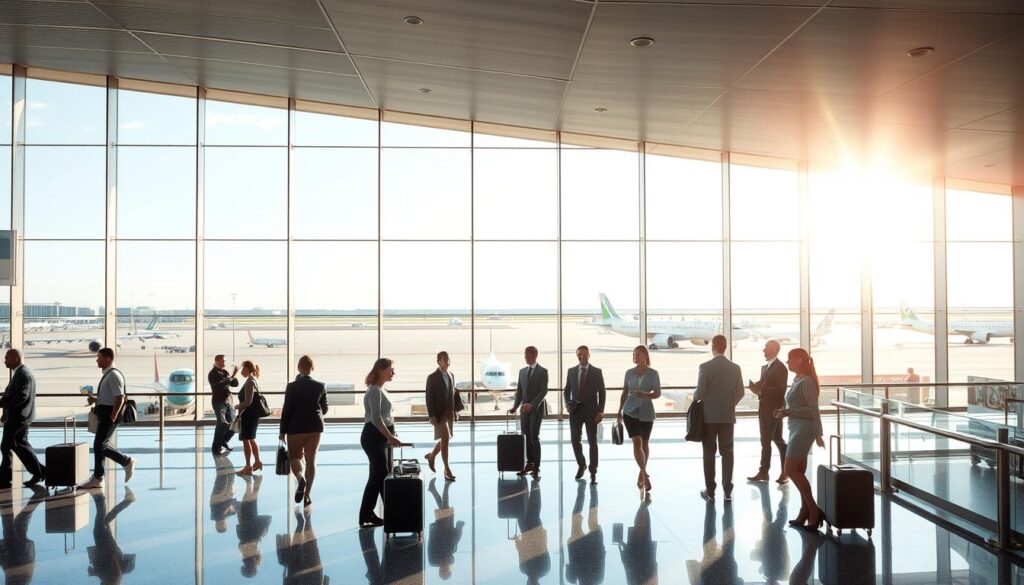 A modern airport terminal with sleek, glass-walled architecture. Abundant natural light filters in, casting a warm glow across the bustling departure lounge. Airline staff in crisp uniforms assist passengers, conveying efficiency and professionalism. In the background, rows of aircraft sit on the tarmac, ready for their next voyages. A palpable sense of excitement and possibility permeates the scene, hinting at the dynamic future of the aviation industry.