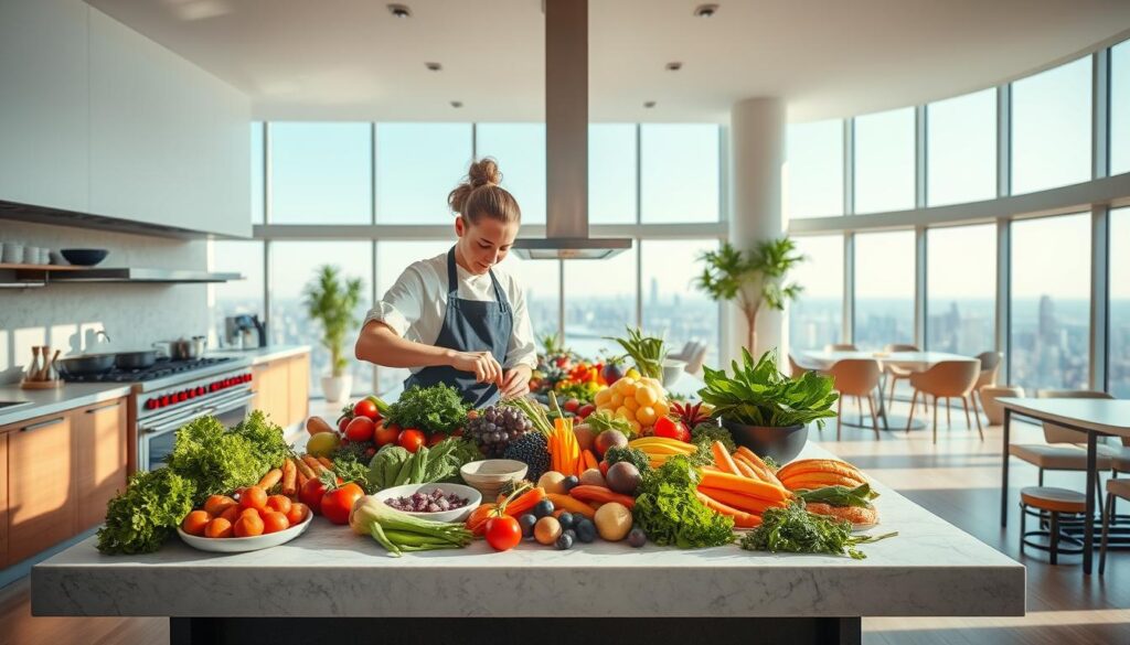 A modern, airy kitchen interior with a large central island and an abundance of natural light. In the foreground, a food coordinator meticulously arranges a visually striking display of colorful, fresh ingredients - vibrant produce, herbs, and delicate garnishes. The middle ground features cooking equipment and utensils, conveying the professional culinary setting. In the background, a panoramic window offers a serene cityscape view, creating a sense of tranquility and inspiration. The overall mood is one of creativity, passion, and a deep appreciation for the art of food presentation and curation.