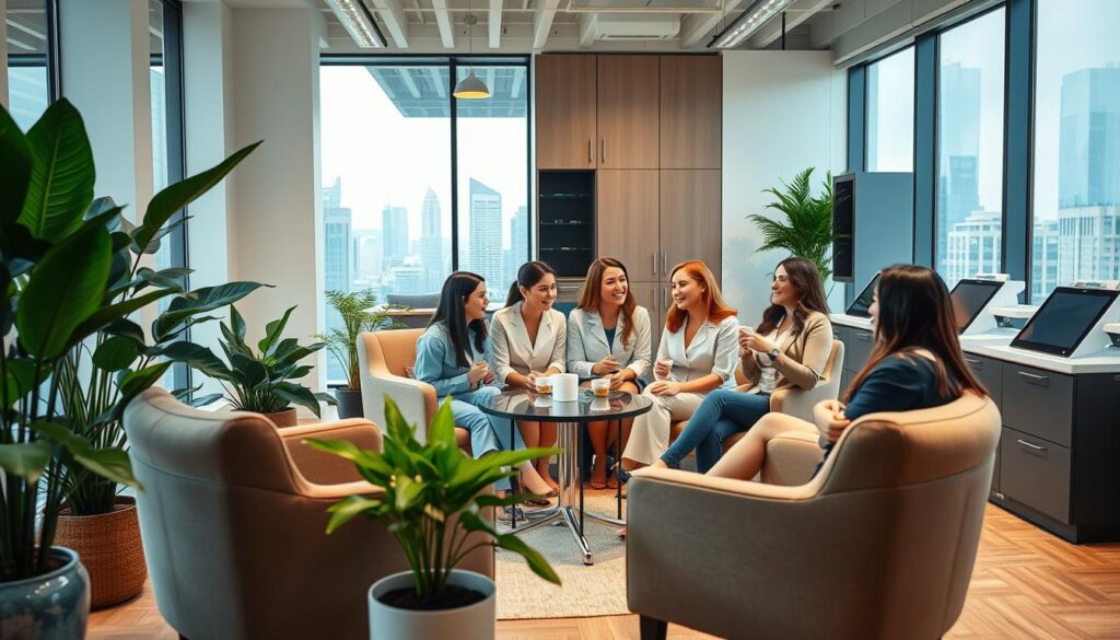 A modern and airy office space with a cozy nook dedicated to employee wellness. Plush armchairs and a small table set up for relaxation, surrounded by lush potted plants and soft lighting. In the middle ground, a group of nailists chatting animatedly over cups of tea, their smiling faces radiating contentment. The background showcases state-of-the-art manicure stations, sleek cabinets, and a window view of a bustling city skyline. An atmosphere of professionalism, care, and work-life balance pervades the scene.
