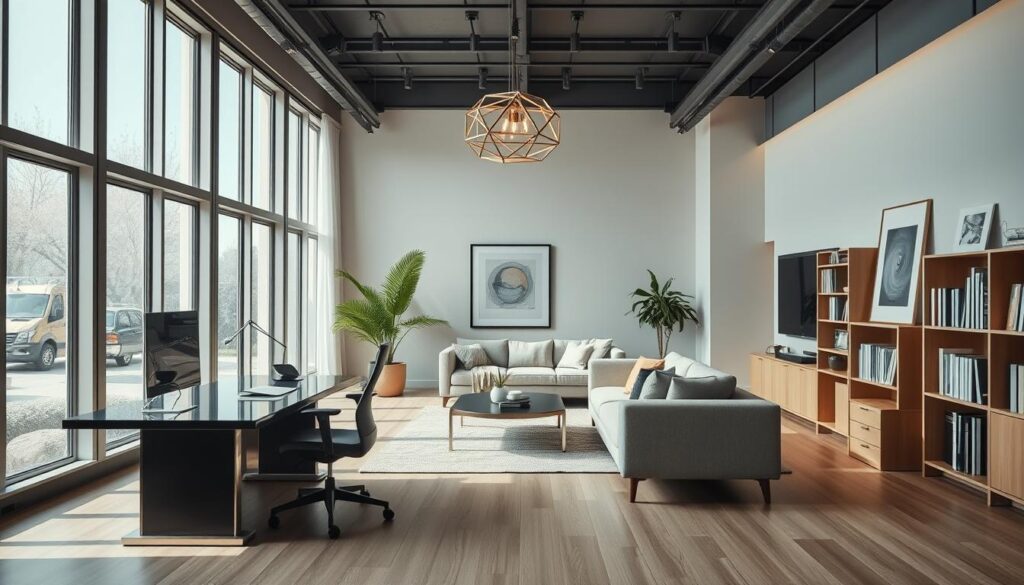 A modern and minimalist interior design studio, with floor-to-ceiling windows providing ample natural light. An elegant desk sits in the foreground, accompanied by a comfortable ergonomic chair. Bookshelves and framed artwork line the walls, creating a sophisticated and inspiring workspace. The middle ground features a cozy seating area, with a plush sofa and a sleek coffee table. In the background, a large potted plant and a geometric pendant light fixture add a touch of nature and contemporary flair. The overall atmosphere conveys a sense of professionalism, creativity, and the endless possibilities of an interior design career.
