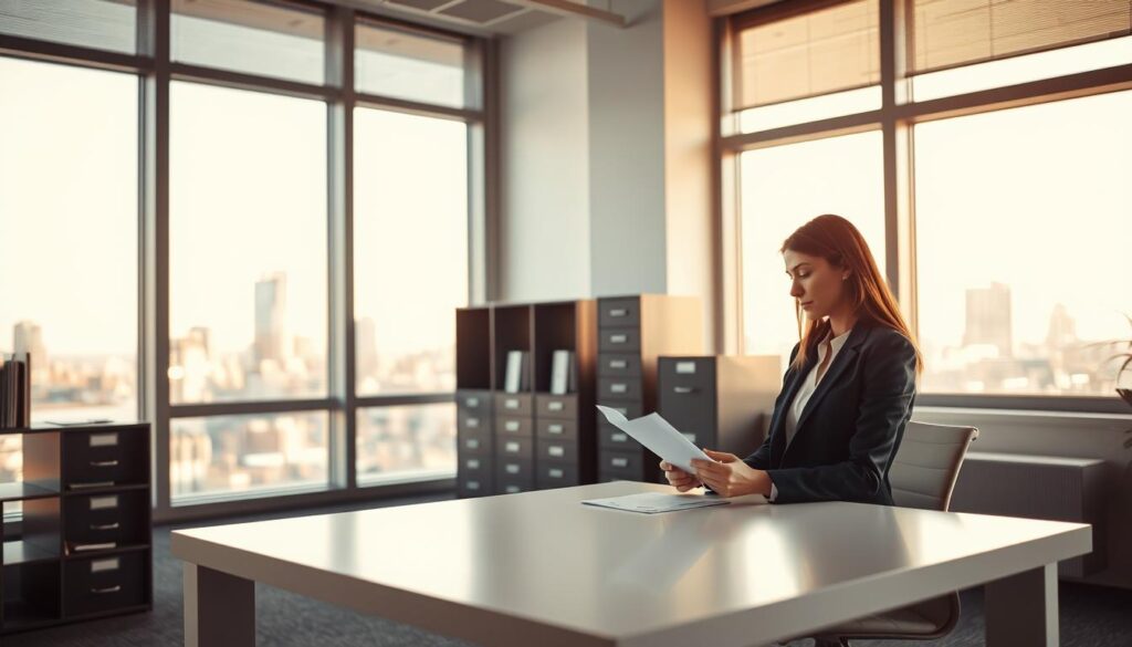 A modern and minimalist office interior, bathed in warm, natural lighting from large windows. In the foreground, a woman in professional attire sits at a sleek, minimalist desk, studying a document intently. The middle ground features shelves and filing cabinets, suggesting the organized and efficient nature of the workspace. In the background, a cityscape is visible through the windows, hinting at the broader professional context. The overall atmosphere conveys a sense of focus, productivity, and the potential for career advancement.