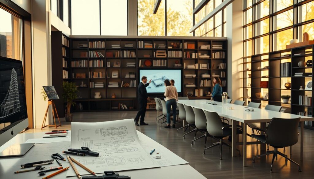 A modern and sleek architectural office interior, bathed in warm natural light streaming through large windows. In the foreground, an architect reviews blueprints on a drafting table, surrounded by various tools of the trade - protractors, compasses, pens, and a computer monitor displaying 3D CAD models. In the middle ground, colleagues collaborate at a long conference table, gesturing animatedly as they discuss design concepts. The background features floor-to-ceiling bookshelves filled with architectural references, awards, and scale models, conveying the depth of knowledge and expertise within this professional environment.