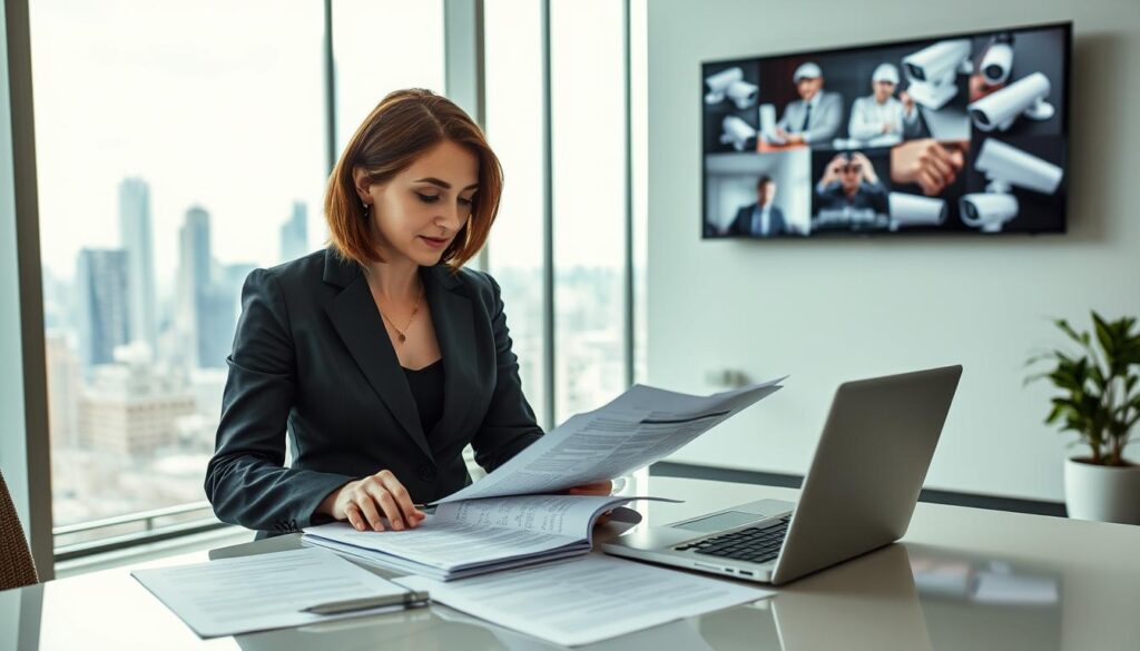 A modern and well-lit office interior, with a large window overlooking a bustling city skyline. In the foreground, a businesswoman in a formal suit is carefully reviewing documents related to security service providers. The middle ground features a table with various brochures, contracts, and a laptop displaying detailed comparisons of different security companies. In the background, a wall-mounted TV displays security camera footage, underscoring the importance of thorough research and due diligence when selecting a reliable security partner. The overall mood is professional, focused, and conveys the weight of the decision-making process for choosing the right security company to protect a business.